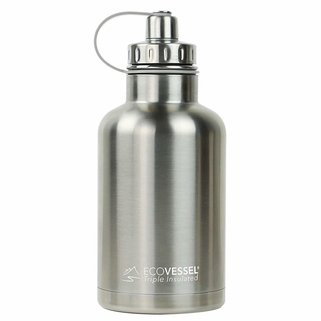 Vacuum Insulated Large Travel Growler Bottle for Water, Beer, and Tea - Stainless Steel 64 oz Thermos Water Bottle with Infuser Filter and Wide Mouth Dual Opening Cap - EcoVessel BOSS