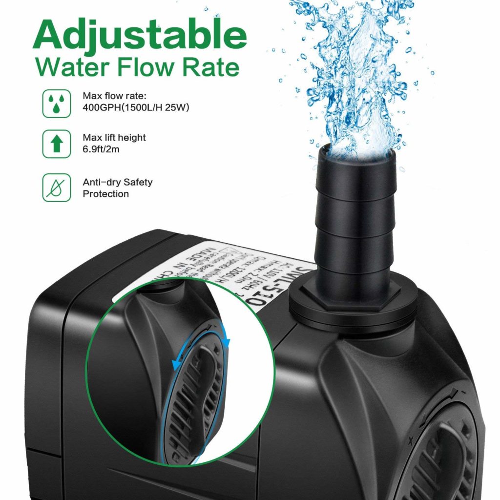 Winkeyes 400GPH Water Pump with 48 Hours Anti Dry Burning, Ultra Quiet 25W Submersible Fountain Aquarium Fish Pond Hydroponic Pump with 6.9ft High Lift, 5.9ft Power Cord, 2 Nozzles