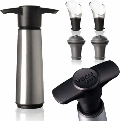 Vacu Vin Wine Saver - Stainless Steel - 1 Pump 2 Stoppers 2 Servers - Wine Stoppers for Bottles with Vacuum Pump and Pourer - Reusable - Made in the Netherlands 