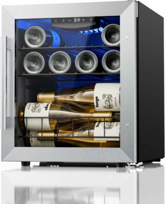 Yeego Small Wine Fridge Refrigerator, 12 Bottle 38-65℉ Wine Cooler Counter Top/Freestanding w/Anti-U V Glass Door Digital Temp Control for Champagne/Red/White/Sparkling Wine, Home, 1.6cu.ft, Black 