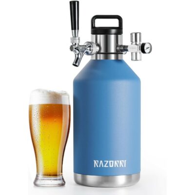 Razorri 128oz Stainless Steel Beer Growler, Double-Wall Vacuum Insulated Carbonated Keg with Professional Bar Tap and Pressurized CO2 Regulator, 1 Gallon, Ocean Blue 