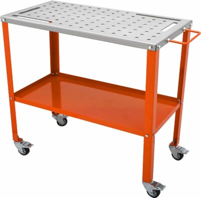 VEVOR Welding Table 36"x18", 1200lbs Load Capacity Steel Welding Workbench Table on Wheels, Portable Work Bench with Braking Lockable Casters, 4 Tool Slots, 5/8-inch Fixture Holes, Tool Tray 