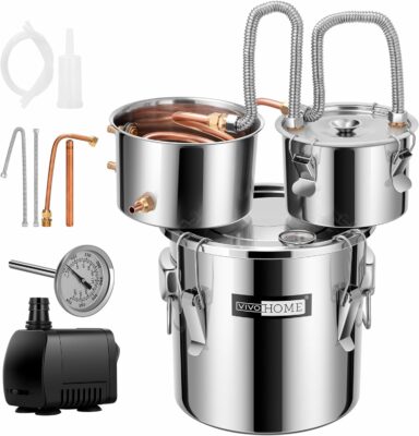 VIVOHOME 8 Gal Alcohol Still, 3 Stainless Steel Pots Home Brewing Kit with Built-in Thermometer, Water Pump for DIY Whiskey, Wine, Brandy, Bourbon, Essential Oil
