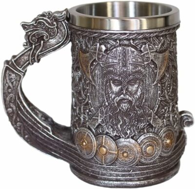 Stainless Steel Viking Warrior Mug Stein,3D Viking Ship Draon Drakkar Tankard Mug,Nordic Beer Cup 17oz.