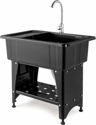 VINGLI Utility Sink Laundry Tub for Washing Room, Freestanding Utility Sink with Stainless Steel Faucet, (Black, 32.3"W x 22.4" D x 29.9"H)