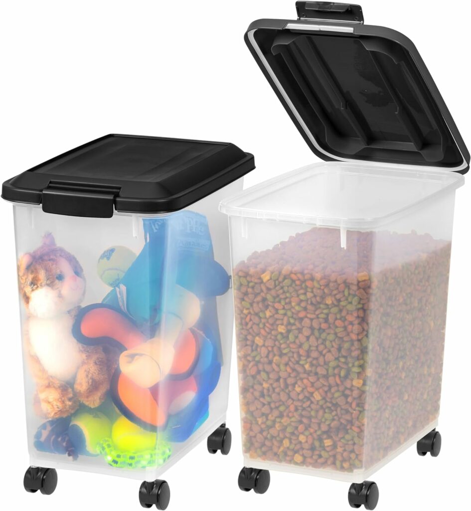 IRIS USA Dog Food Storage Container, 2 Pack, Up to 30 lbs Each, Airtight Seal for Freshness, Wheels for Rolling, Easy One Hand Opening, Made in USA, BPA Free, Clear/Black
