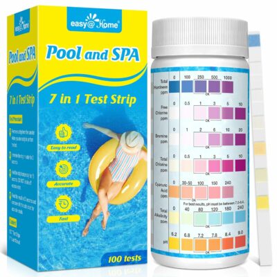 Swimming Pool Test Strips 100Count: Easy@Home 7-Way Accurate Water Chemicals Testing Kit for Chlorine, Bromine, Hardness, pH, CYA, Alkalinity