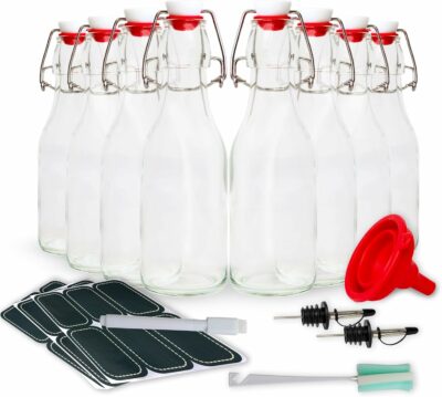 AYL Flip Top Glass Bottles 9oz, Swing Top Beer Brewing Bottle for 2nd Fermentation, Kombucha, Kefir, Vanilla Extract, Water, Juice, Tea, Syrup- Airtight Stopper Cap Lid, Bonus 1 Bottle Pourer