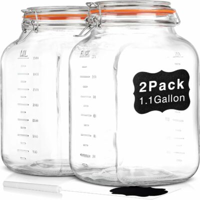 [UPGRADE] 2 Pack Square Super Wide Mouth Airtight Glass Storage Jars with Lids, 1.1 Gallon Glass Jars with 2 Measurement Marks, Canning Jars with Leak-proof Lid for Kitchen(Extra Label and Gasket) 