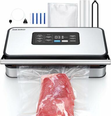 INKBIRD Food Vacuum Sealer, 160 Watts Pro Vacuum Machine with Double Pump, Food Sealer Preservation Dry/Moist/Liquid, Roll Storage and Cutter, Auto-Locked, Detachable Design, Easy to Clean, Bags&Roll 