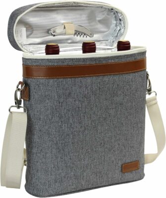 ZORMY 3 Bottle Insulated Wine Tote Cooler Bag, Portable Wine Carrier with Corkscrew Opener and Shoulder Strap for Beach Travel Picnic, Unique Wine Carrier for Wine Lover Gifts Grey