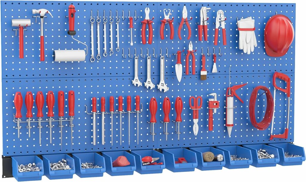 Ultrawall Pegboard Wall Organizer, Blue Metal Peg board Panels, Garage Storage System with Hooks and Storage Bins, 59pcs