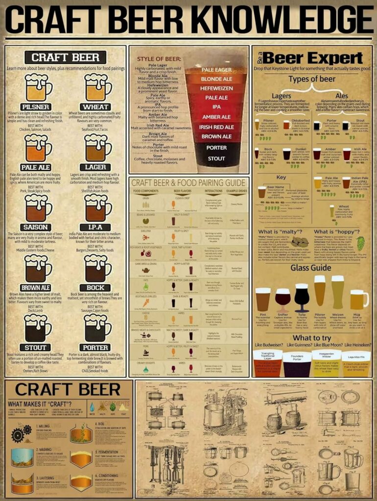 Craft Beer Knowledge Metal Tin Sign Beer Expert Types Of Beer Chart Wallart Artwork Poster School Office Farm People Cave Bedroom Livingroom Vintage Funny Plaque Decoratio