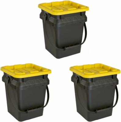 CX Black & Yellow®, 5-Gallon Heavy Duty Bucket Tough Storage Container & Snap-Tight Lid, (14.9”H x 12”W x 13”D), Weather-Resistant Design and Stackable Organization Tote [3 Pack]