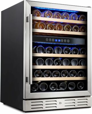 Kalamera 24 inch Wine Cooler, 46 Bottle - Dual Zone Built-in or Freestanding Fridge with Stainless Steel Reversible Glass Door, for Home, Kitchen, or Office. 