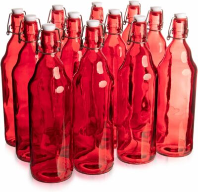 Glass Grolsch Beer Bottles (12-pack, 33.8 oz./1000 mL) Airtight Seal with Swing Top/Flip Top Stoppers - Home Brewing Supplies, Fermenting of Alcohol, Kombucha Tea, Wine, Soda - Red
