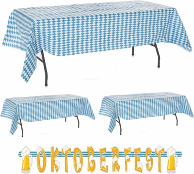 Oojami 3 pc Oktoberfest Table Cover Large Tablecloth for 8 Chairs Table & Oktoberfest Letter Banner Value Party Pack