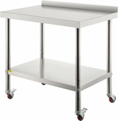 VEVOR Stainless Steel Prep Table, 36 x 24 x 35 Inch, 440lbs Load Capacity Heavy Duty Metal Worktable with Backsplash Adjustable Undershelf & 4 Casters, Commercial Workstation for Kitchen Restaurant 