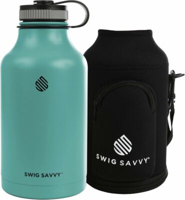 Swig Savvy Vacuum Insulated Stainless Steel Double Wall Wide Mouth Sports Water Bottle with Storage Sleeve, 64 Ounces, Ice Mint 