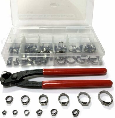 200 Pcs 304 Stainless Steel Stepless Single Ear 5-33mm Hose Clamps with Pincers Crimper Tool Kit | Securing Pipe Hoses Automotive | Cinch Rings Pinch Clamp, Crimp Clamp Assortment PEX Crimping 