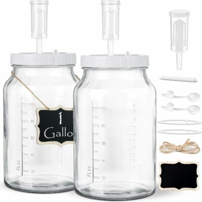 2 Pack 1 Gallon Large Fermentation Jars with 3 Airlocks and 2 SCREW Lids(100% Airtight Heavy Duty Lid w Silicone) - Wide Mouth Glass Jars w Scale Mark - Pickle Jars for Sauerkraut, Sourdough Starter
