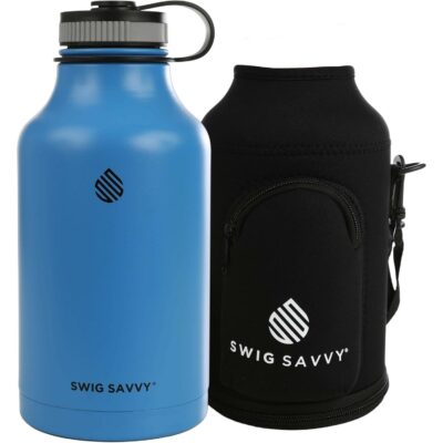 Swig Savvy Vacuum Insulated Stainless Steel Double Wall Wide Mouth Sports Water Bottle with Storage Sleeve, 64 Ounces, Blue
