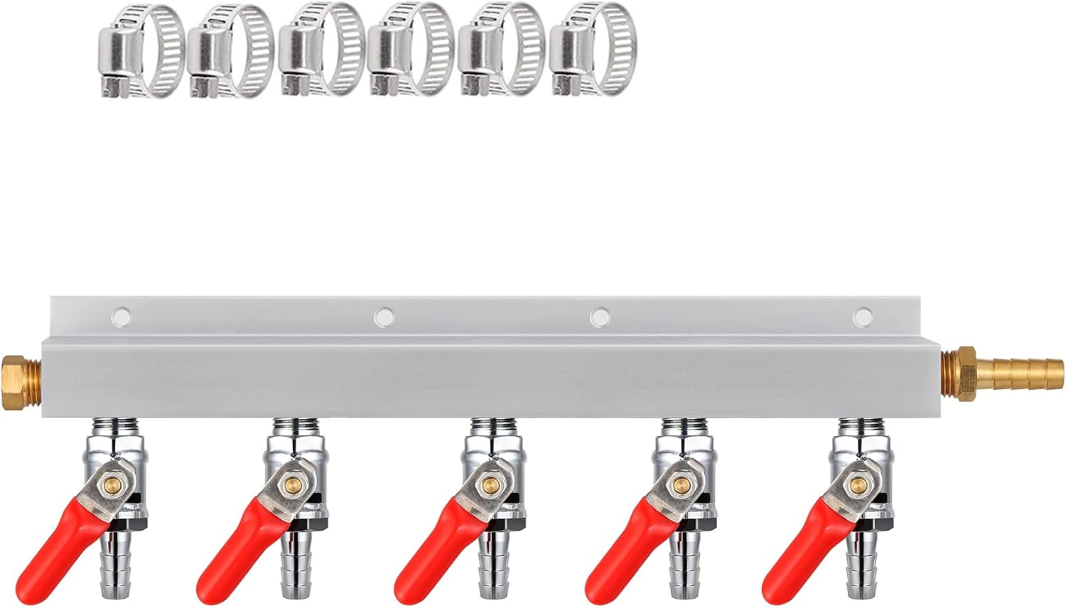 Gas Manifold, CO2 Gas Distributor, 5/16'' Barb Fitting Beer Kegerator Splitter, 5-Way Air Distributor with Integrated Check Valves & Hose Clamps