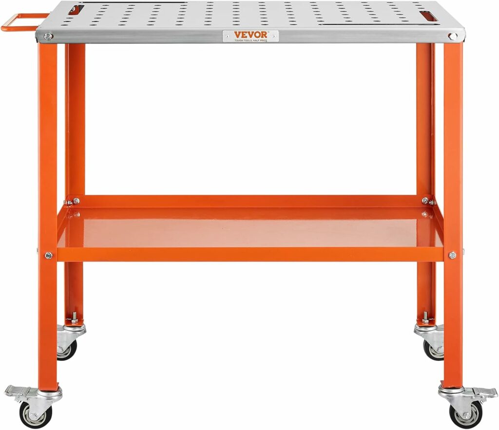 VEVOR Welding Table 36"x18", 1200lbs Load Capacity Steel Welding Workbench Table on Wheels, Portable Work Bench with Braking Lockable Casters, 4 Tool Slots, 5/8-inch Fixture Holes, Tool Tray 