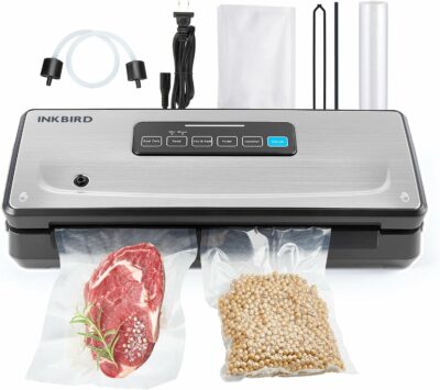 Food Vacuum Sealer Machine 10-In-1 with Bag Storage(Up to 20FT) and Cutter, INKBIRD Food Sealer Vacuum Sealer for Food with Moist/Dry/Canister 5 Food Modes, Starter Kits Bags*5 and Bag Roll*1, 85KPa vs02