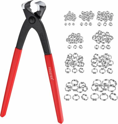 Proster Stepless Single Ear Hose Clamp Crimper - Hose Clamp Crimper Tool with 150pcs 6-31.6mm 304 Stainless Steel Cinch Clamp Rings