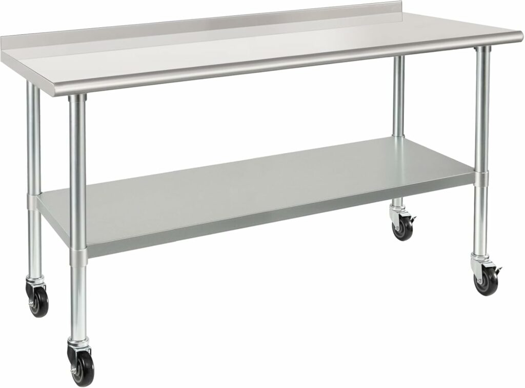 HARDURA Stainless Steel Table 24 x 60 Inches with Wheels Casters NSF Heavy Duty Commercial Prep Table with 2” Backsplash and Adjustable Undershelf for Restaurant Kitchen Home and Hotel 