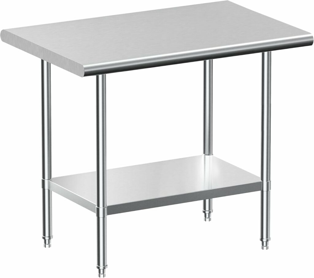 Stainless Steel Work Table, NSF Commercial Worktable with Undershelf and Legs for Restaurant, Home and Hotel - 24" D x 30" W x 34" H Inches 